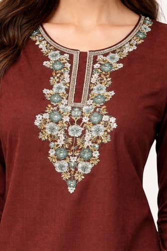 Image of HAUTEMODA Women Cotton Floral Embroidered Short Kurti, Tunic, Three-Fourth Sleeves, White