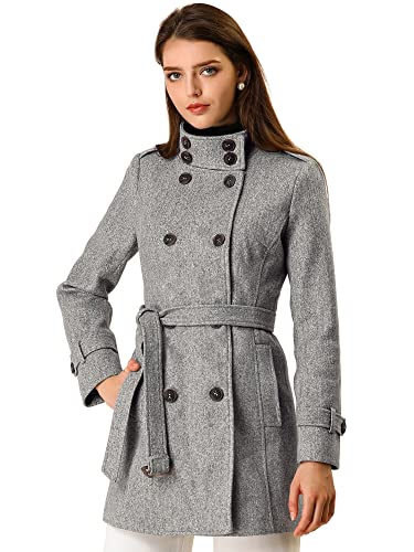 Allegra K Women's Stand Collar Double Breasted Pockets Trendy Outwear Winter Coat with Belt2