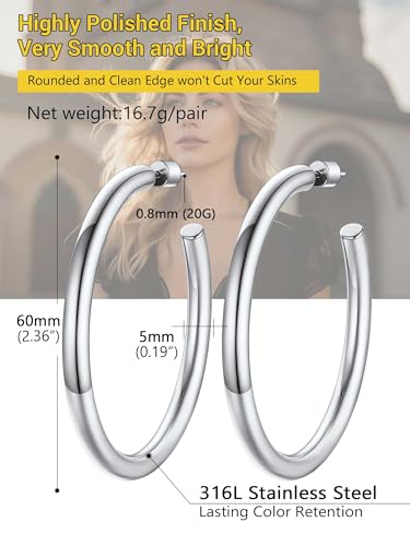 Image of Stainless Steel Chunky Hoop Earrings For Women, Minimalist and Chic, Black /Gold Plated, Round Hoops Earrings Hypoallergenic, Size: 30mm /40mm /60mm /80mm, Come with Box