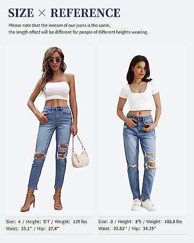 Ofluck Women Ripped High Waisted Jeans Frayed Raw Hem Regular Fit Boyfriend Distressed Denim Pants With Hole Blue #TOP2