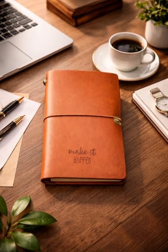 Image of PURESTORY PU Leather Notebook Travel Journal Diary | Diary With Lock | 12 Card Slots and 1 Zipper Pocket Holder Perfect for Travelers /Memo Cards /Cash Organizer - Make It Happen, 160 Pages