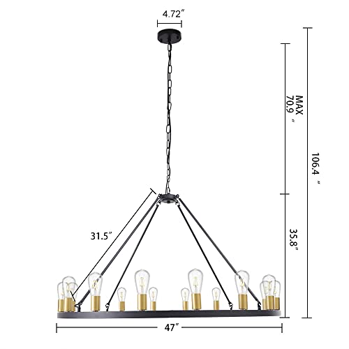 Wellmet Black Gold Wagon Wheel Chandelier 47 inch, 16 Lights Modern Farmhouse Extra Large Round Pendant Light Fixture Rustic Industrial Country Style Lighting for Dining Room, Living Room, Foyer - Image 3