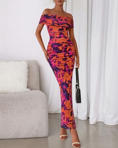 Image of BTFBM Cocktail Dresses for Women 2026 Elegant Classy Off Shoulder Bodycon Mesh Slit Floral Maxi Spring Summer Dress