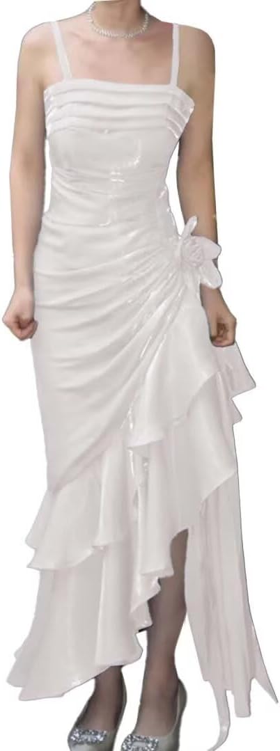 Layered Ruffle Mermaid Prom Dress with Slit Long Ruched Formal Evening Gown 3D Flower Spaghetti Straps Garden Party Gown