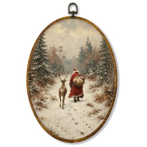Art mural cadre Noël Père Noël renne ovale 8.6x11.4 po