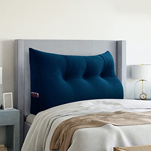 VERCART Large Headboard Pillow Wedge Bed Rest Reading Pillow Daybed Pillows Triangular Headboard Wedge Pillows Bolster Gap Filler Triangle Back Cushion Long Wedge Pillow, Velvet Deep Blue Twin