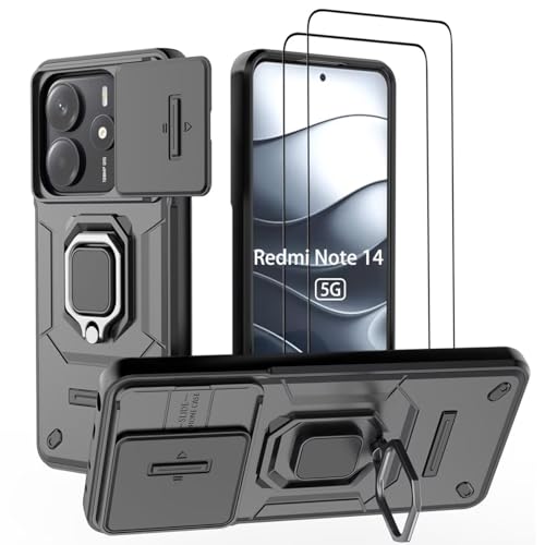 DERHAN Funda para Xiaomi Redmi Note 14 5G, Funda Resistente con Cristal Templado [2 Piezas] + Cubre Cámara [Protección de Cámara], Carcasa Antigolpes Bumper con Soporte   Negro
