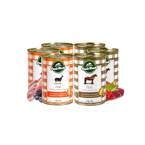 Pauls Beute Probierpaket Nassfutter Ziege & Pferd | 6 x 400g | Hypoallergenes Hundefutter Nass | Monoprotein | Fettreduziert | Ohne Künstliche Zusatzstoffe | Inkl. Gratis Dosendeckel