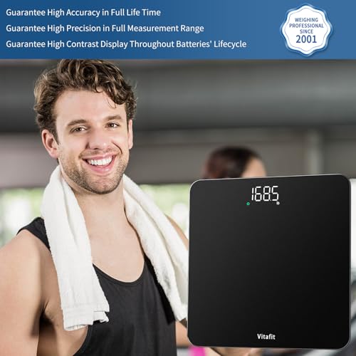 Vitafit Personenwaage Digital, Hohe Genauigkeit 0,05kg durch Unser Professionelle Fabrik Seit 2001,Waage Personen mit LED und Step-On, Körperwaage mit 182kg, Silberschwarz Sprühen