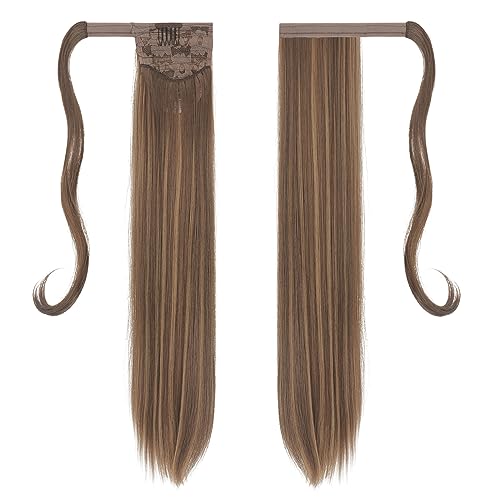 FESHFEN Straight Ponytail Extensions Long Wrap Around Ponytail Synthetic Clip in Pony Tail Hair Extensions Golden Brown Mixed Blonde Hairpiece for Women 24 inch - Image 2