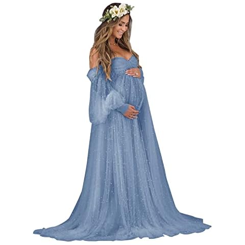 Tianzhihe Pearl Tulle Maternity Dresses for Photoshoot Long Puffy Sleeve Off Shoulder Maternity Gown for BabyShower Pregnancy Gown Dusty Blue Medium Cover