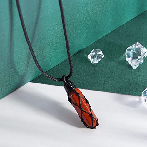 Tikcauz Red Jasper Healing Crystal Points Necklace Adjustable Rope Hexagon Wrapped Braided Stone Pendant Necklace Handmade Gemstone Jewelry For Men Women #TOP1