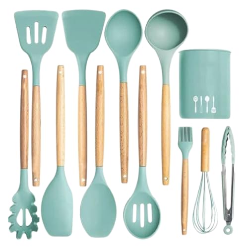 Image of 12-Piece Silicone Kitchen Utensil Set with Wooden Handles & Holder | Heat Resistant Non-Stick Cooking Tools | BPA Free Kitchen Spatula Set for Cooking & Baking