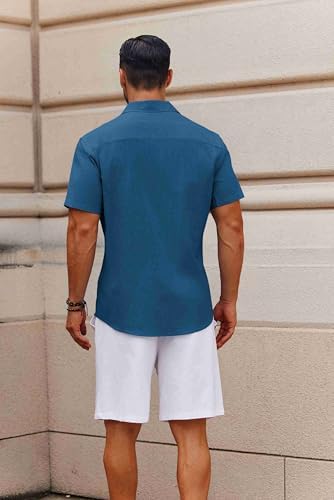 COOFANDY Men's Button Down Short Sleeve Shirt Casual Cotton Summer Beach Linen Wedding Shirts with Pocket