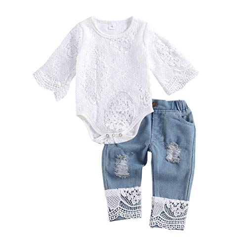 Baby Little Girls Denim Shorts Set Ruffles Sleeve Lace Tops+Denim Jean Short Outfits Set (White Romper +Jeans, 12-18 Months)