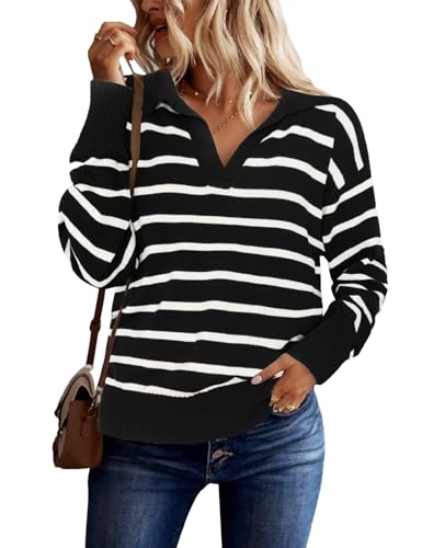 BQDCQB Women Striped Sweater Polo V Neck Long Sleeve Loose