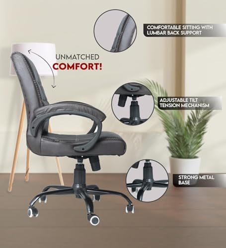 Image of NEWTURN Funk Leatherette Executive Chair: Brown, Medium Back, Ergonomic, Adjustable Height /Tilt, Heavy Duty Metal Base, Home & Office with 2 Yrs Parts Replc. Warranty