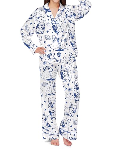 Image of SHESHOW Satin Pajamas Set for Women Set Long Sleeve Button Down Pjs Sets 2 Piece Loungewear Animal Sleepwear XS-XXL