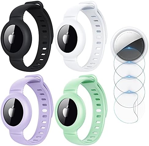 [4+4Pack] VEGO AirTag Bracelet for Kids, 4 Pack Silicone Watch Bands + 4 Pack Anti-Scratch Films for Kids Toddler Baby Children Elders, Colorful Waterproof Wristband Compatible with Apple AirTag 2021