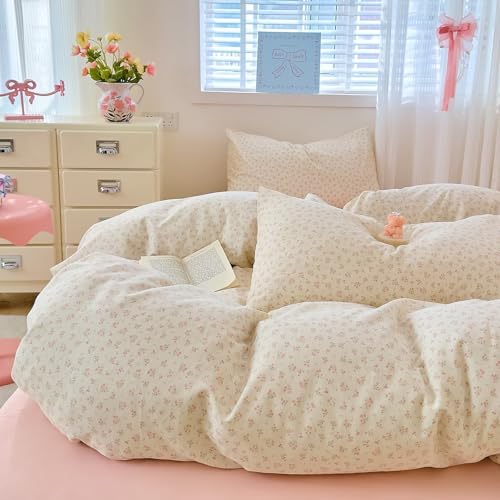 AMZTOP King Size Pink Floral Duvet Cover Muslin 100% Cotton Rustic Aesthetic Comforter Cover,All Season Comfy Breathable Bedding Set with Zipper Closure.1 Duvet Cover and 2 Pillowcases