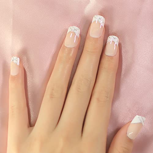 Natural Nude Pink White French Nails Press On False Nails Silver Glitter Line Squoval Fake Nails Medium Short Full Cover Faux Ongles For Home Office Finger Wear Nail Art Tips #TOP2