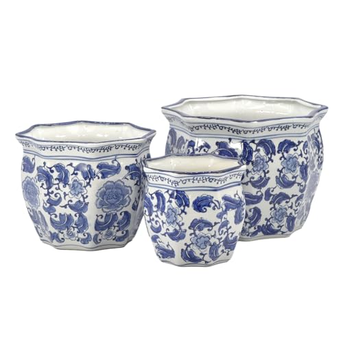 Galt International Blue & White Round Fluted Classic Floral Porcelain Ceramic Plant Flower Planter Pot Set of 3 (7.5