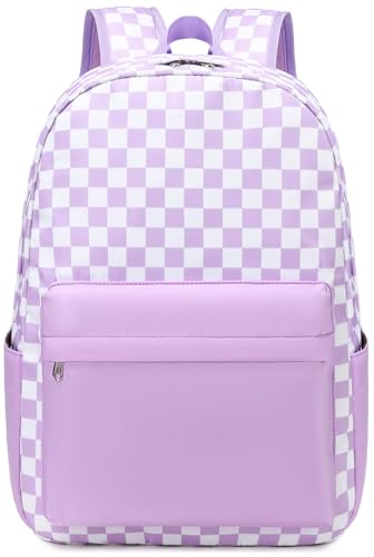 UREYMX Checkered Backpack School Backpack Boys Girls Backpacks for Kids Large Capacity Waterproof Lightweight Backpack Purple