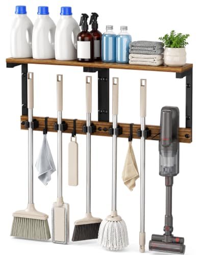 LANMOU Broom and Mop Holder Wall Mount, 27" Large Organizer with Wood Shelf