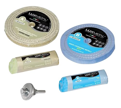 Lux Metal - Kit 2 Disques de Polissage de 150 mm et 2 Pâtes Abrasives de 250 gr - Parfaits pour polir des métaux tels que l'aluminium, le fer, l'acier inoxydable, le laiton, le cuivre, l'or, le marbre