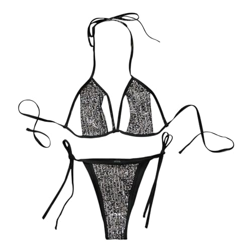 Generisch Bikini de diseñador sexy con cuello halter para mujer, con lentejuelas, cuello de tiras, traje de baño de playa, bikini blanco para niños, Negro , L