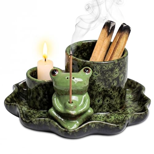 ZONSUSE Bruciatore di Incenso Rana Multifunzionale 4 in 1 con Vassoio Foglia di Loto, Porta Salvia, Palo Santo, Bastoncini e Coni in Ceramica, Decorazione Yoga & Meditazione (Rana Verde Loto)