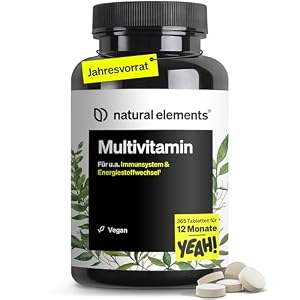 natural elements Multivitamin – 365 vegane Tabletten – Jahresvorrat – wertvolle Vitamine A-Z, mit Vitamin K1 und K2 – ohne unnötige Zusätze – in Deutschland produziert & laborgeprüft