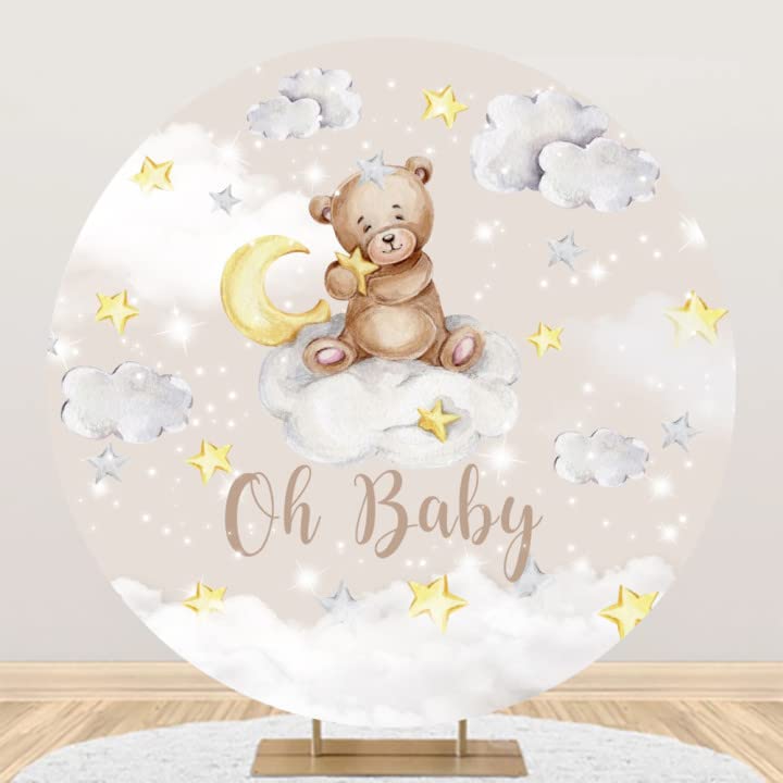 Yeele 5x5ft Cute Bear Baby Shower Round Backdrop Gold Moon Stars and White Cloud Oh Baby Photography Background for Baby Shower Gender Reveal Party