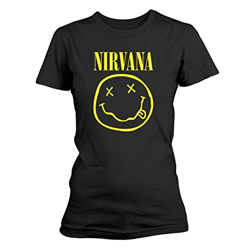 Nirvana T Shirt Yellow Smiley Band Logo Official Womens Junior Fit Black Size L