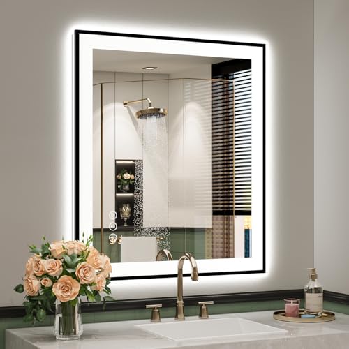 Image of 28x32 Inch LED Bathroom Mirror with Lights (Front Lit and Backlit) Black Framed Lighted Vanity Mirror for Bathroom Wall Dimmable Anti-Fog Memory Tempered Glass Horizontal /Vertical