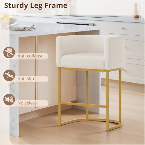 Image of LUE BONA Counter Height Bar Stools Set of 2, Modern Barrel Counter Stools with Backrest and Arms, Gold Metal Frames, Linen Fabric Upholstered Accent Barstools for Kitchen Island, Beige