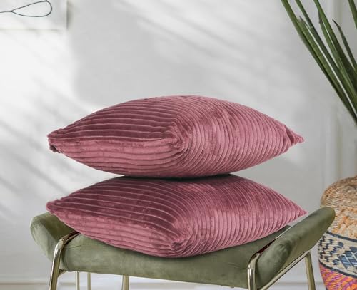 Image of RD TREND Cushion Cover Set of 2, Decorative Sofa Living Room Home Square Cushion Covers 18 Inch x 18 Inch, Aesthetic Corduroy Striped Double Sided (Wine)