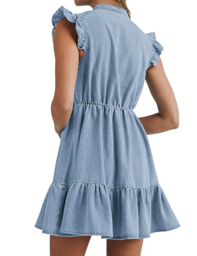 Image of POTILI Denim Dress for Women Mini Jean Dress with Pockets | Ruffle Sleeve, V-neck, Two Side Pockets