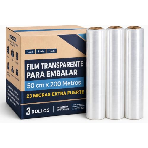 Film Negro para embalaje, Rollo de Film Elástico Manual Industrial, rollo embalaje negro, Grosor de 23 micras extra fuerte, 50 cm de ancho x 200 Metros largo (Transparente, 3 Unidades)