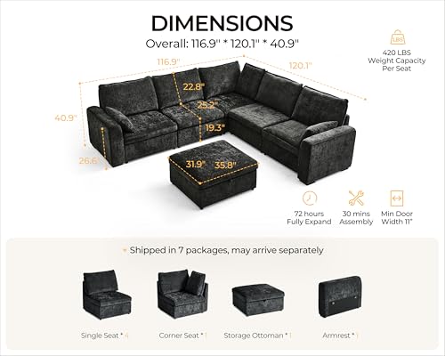 Image of 120.1'' Oversized Modular Sectional Sofa Plush Cloud Couch with Storage, Convertible Deep L-Shaped Sofa Set for Living Room, 6-Seater with Corner and Ottoman, Chenille, Black