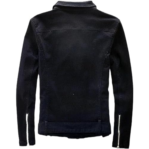 Men's Black Denim Biker Jean Jacket Classic Motorcycle Style Punk Knight Coat with Scratched Zipper Slim Fit Turn-Down Collar3