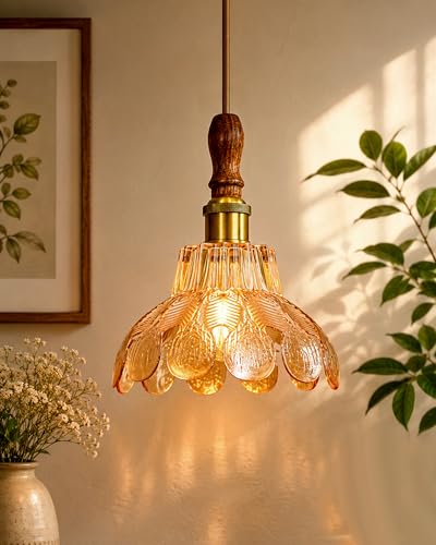 Image of Homesake Botanica Pendant Lamp | Petal Scalloped Glass Hanging Light with Solid Wood Top | Vintage European Ceiling Fixture, Pendant Light for Home Decor, Hallway, Kitchen & Balcony, (Petal, Yellow)