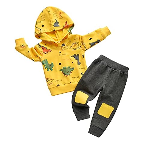 Joureker Infant Baby Boy Clothes Printed with Dinosaur Print Long Sleeve Hoodie Tops and Pants Toddler Outfit Set, Yellow, 18-24 Months Cover