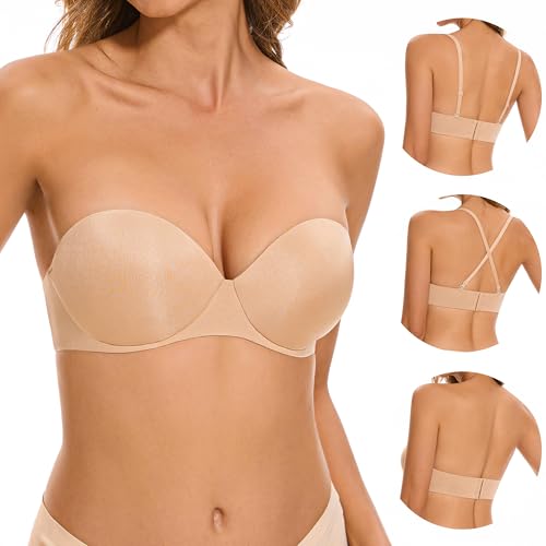 Women's Strapless Bra Push Up-Non Slip Invisible Padded Balconette Underwire Low Back Multiway Bandeau Bra for Comfort Lift2