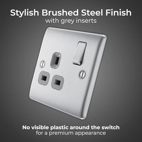 BG Electrical Single Switched Power Plug Wall Socket, Raised and Slim Profile, Round Edges, Nexus Metal, Brushed Steel, Grey Inserts, 13A, NBS21G