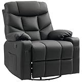 HOMCOM Recliner Armchair, Swivel PU Leather Manual Reclining Chair with Adjustable Leg Rest, Drink Holders, Side Pockets, Rocker Chair for Home Living Room, Black