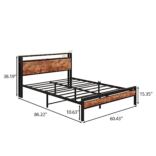 Hojinlinero Queen Bed Frame With Storage Headboard/Usb Charging Station,Metal Platform Bed Frame Queen Size No Box Spring Needed, Noise-Free,Under Bed Storage,Easy Assembly,Rustic Brown #TOP1