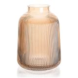 Ribbed Glass Vase, Fluted Glass Vase, Colored Glass Vase, Amber Flower Vase, Clear Glass Flower Vases for Centrepiece, Large Round Glass Vase, Decorative Vases for Living Room, Elegant Flower Vase