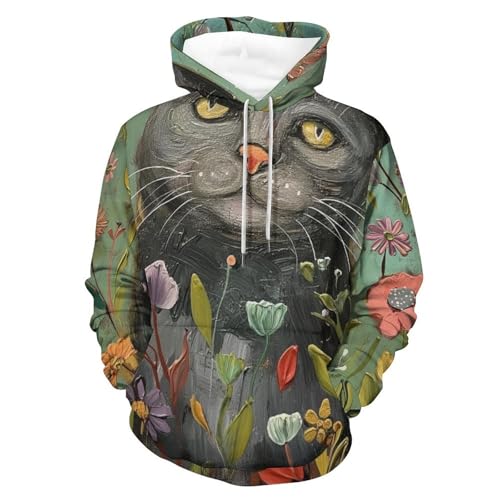 Sweat à capuche chat bleu au motif peinture florale unique taille S