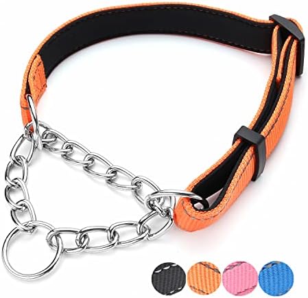 PUROAYET Martingale Dog Collar Wide 2.5CM(0.98inch) Reflective Nylon with Stainless Steel Chain Dog Collar Comfortable Soft S-(doginchs neck10-15inches)